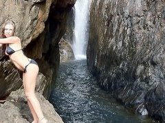 Sexy bikini movie is great, but we wanted smth more thrilling, cause it's a porn journey after all, not just regular pair vacation. After lunch we took a trip to a waterfall and found a least risky spot, where Anya took my dick in her mouth. And then I fucked her for our outdoor sex tape. Still it was way too uncomfortable and dangerous. We saved some for later and continued with real hotel sex previous to sleep. We did it outside in the yard. Probably our neighbors saw us!